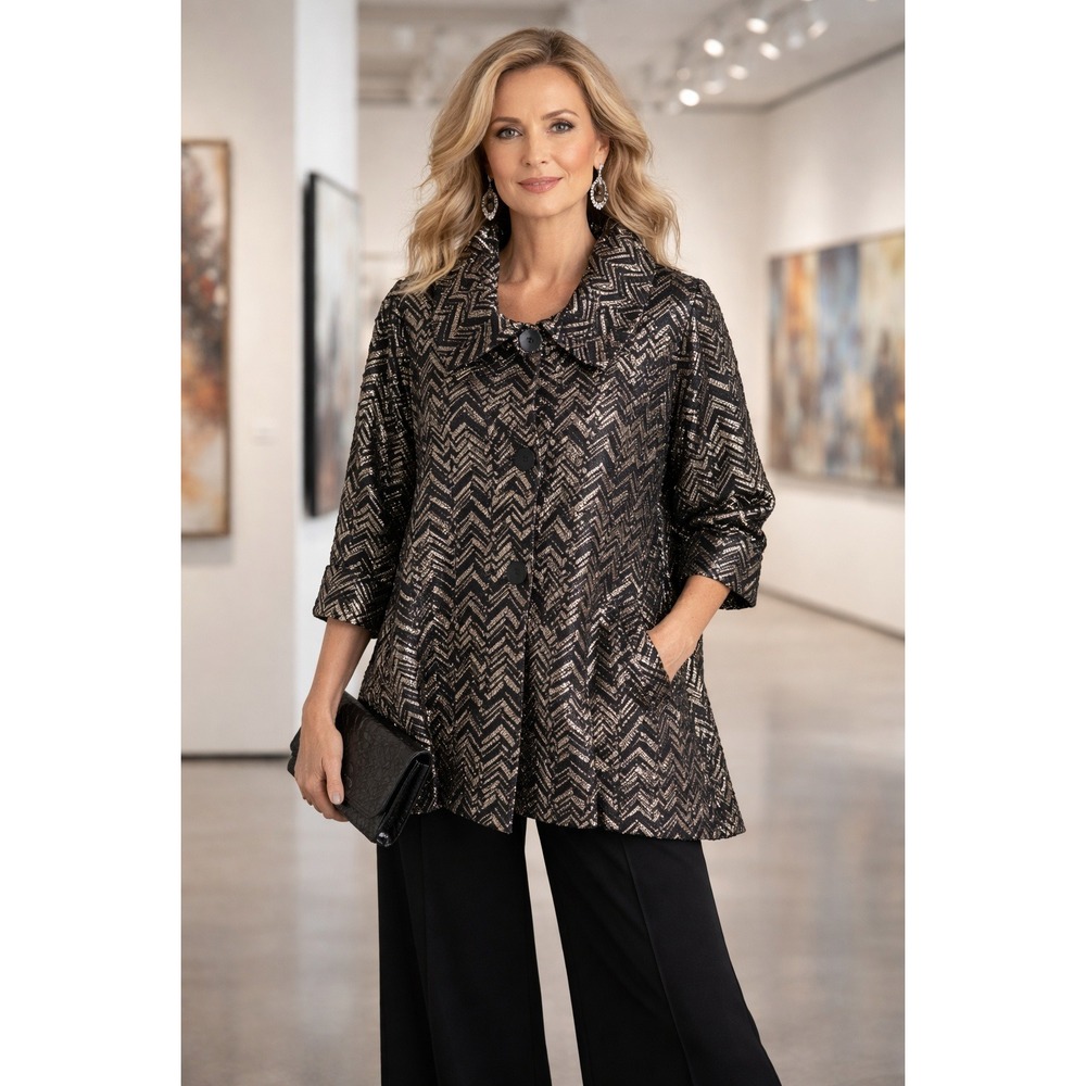 Damee Metallic Swing Jacket Womens S Black Textured Artsy Statement Chic